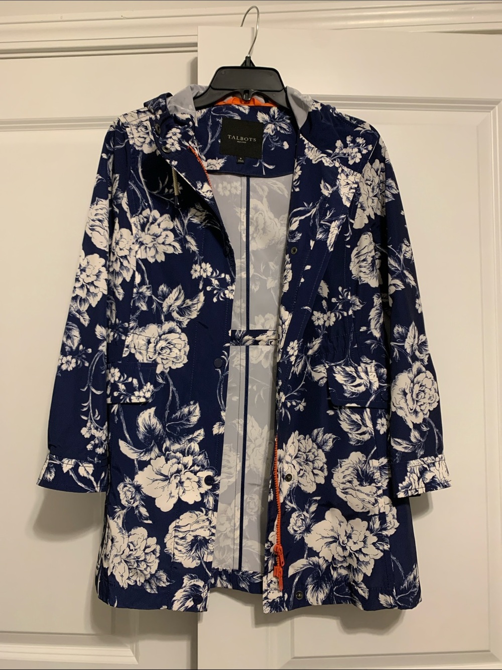 Talbots Navy and White Floral Trench Coat